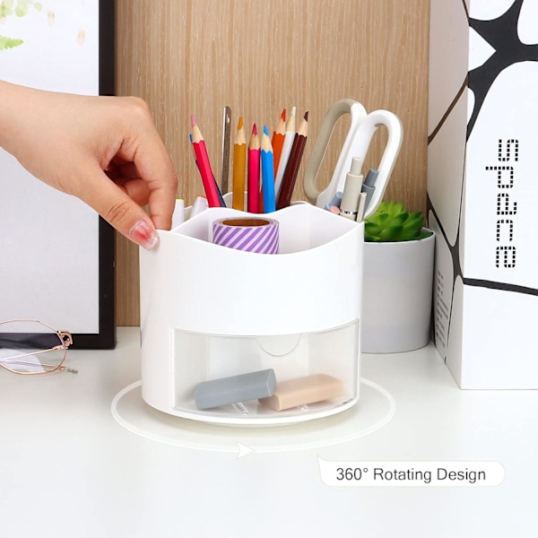 Roterende Pen- og Blyantsholder, 4 Rum Pen Pot - Skrivebordsstationær Opbevaring Makeupbørsteholder til Hjem og Kontor, Pen Organiser Desk Tidy White