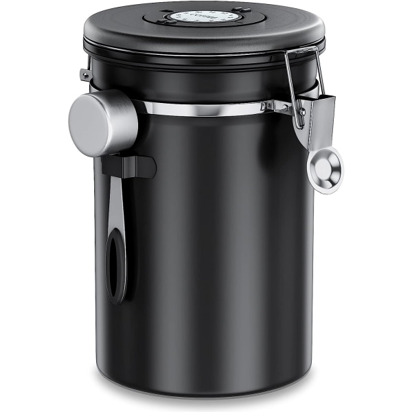 Lufttät kaffeburk 1 kg - kaffebönbehållare av rostfritt stål med CO2-ventil - med mätsked (2,8 L svart)