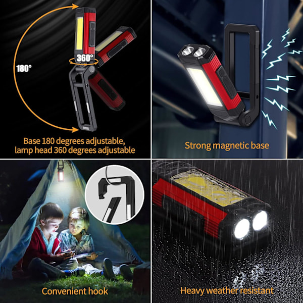 LED Magnetisk Lommelykt, Bærbar Sammenleggbar Inspeksjonslampe Oppladbar Arbeidslampe, 360° Roterende Henger og 270° Sammenleggbar Magnetisk Base Super Sterk