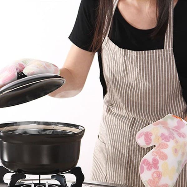 Värmebeständiga silikongrillhandskar med bomullsfoder, halkfria matlagningsgrillhandskar, ugnsvantar, köksbakhandskar 2Pcs Blue Dot
