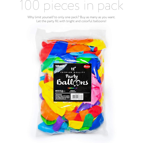 Ballonger Regnbågsset (100-pack) 12 tum, Blandade Ljusa Färger, Tillverkade av Stark Färgad Latex, För Helium eller Luft. Barnkalas