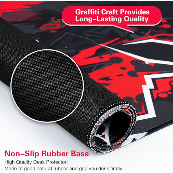 Gaming Mousepad, Udvidet Mousepad 800 x 400 mm, Computer Tastatur Mouse Mat Desk Pad med Skridsikker Gummibund og Syet Kant til Gaming Arbejde Black Red XXL