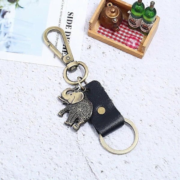 3D Stereoskopisk Mini Retro Punk Koskind Strikket Nøglering Læder Nøglering Bil Metal Dekoration Smykker Elefant Vedhæng Gave Black