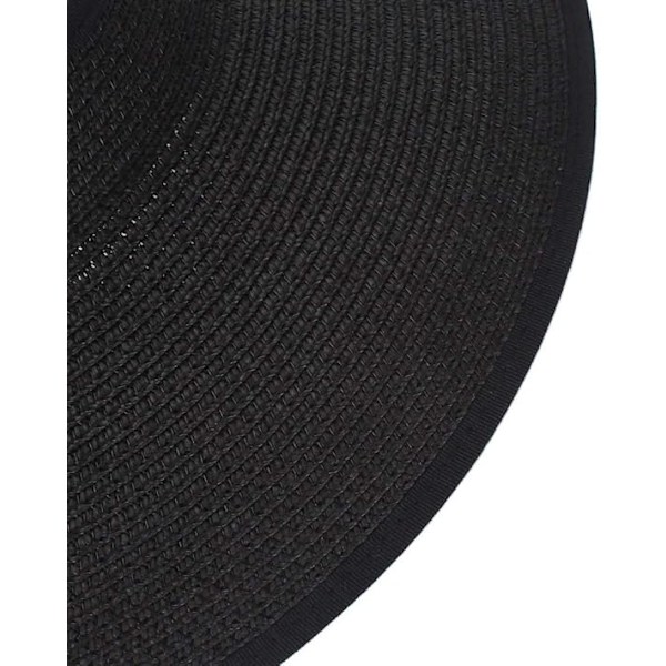 Stor Strandhatt i Halm för Kvinnor, Vikbar Bredbrättad Hatt för Dam, Solskydd, Bucket Hat med Rosett Black