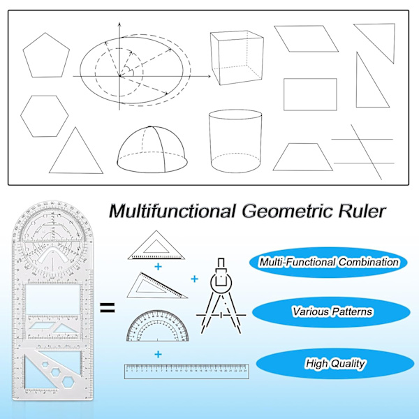 3 stk. Multifunktionel Geometrisk Lineal, Geometrisk Tegne Skabelon, Måleværktøj med Bevægelig Vinkelmåler, Aktivitets Tegne Lineal til Skoleartikler