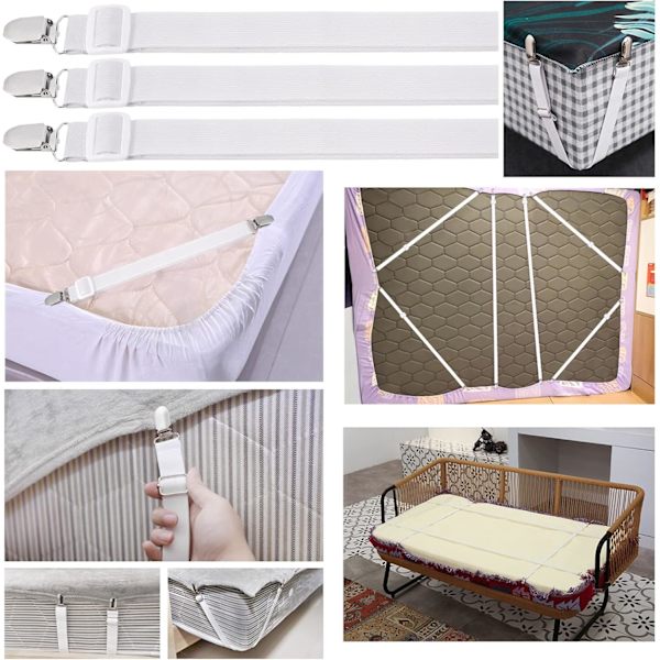 8 st sängklädesklämmor, justerbara sängklädesgripare, högelastiska lakan med spännen, lakanfästen max stretch 120 cm, lakanhållare White