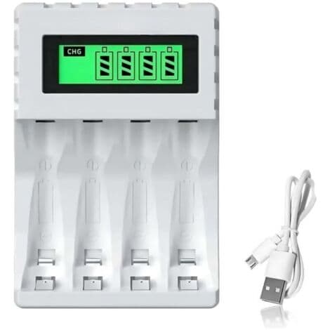 Batterilader, oppladbar batterilader, 4-spors AA- og AAA-batterilader, digital og smart lader, hurtiglading, smartlading