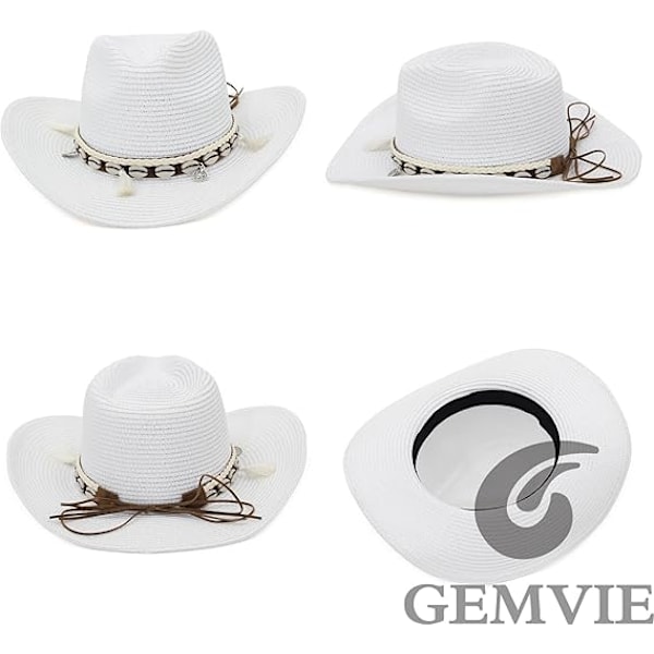 Sommarhatt i halm för kvinnor, Cowboy Cowgirl-hatt, solhatt med bred brätte, strandsemester, halmhatt med skalband White