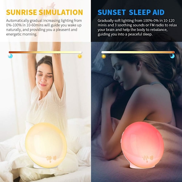 Väckarklocka, LED Wake-up Light Simulerar Soluppgång och Solnedgång, 2 Alarm, 20 Ljusstyrkenivåer, 7 Färgade Ljus