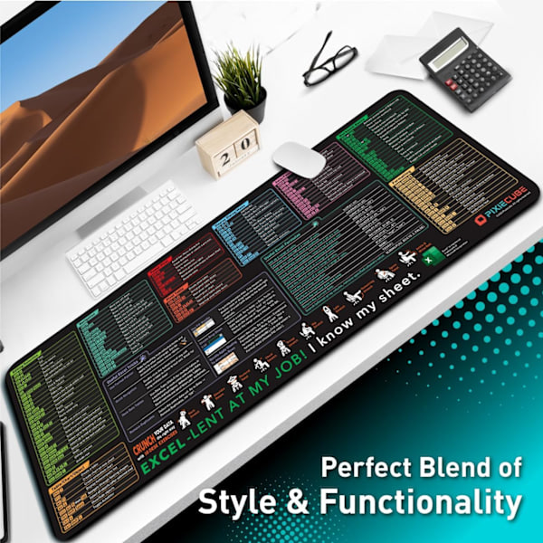 Excel Hurtigtaster Musematte - Utvidet Stor XL Jukseark Gaming Musematte | PC Kontor Regneark Tastaturmatte | Sklisikker Sydd Kant