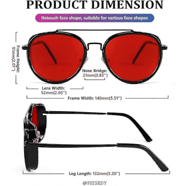 Retro Punk -aurinkolasit, pyöreät punk-tyyliset kaksoissiltalasit naisille ja miehille B2822 Red Lens