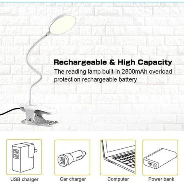 LED-pöytälamppu, lukulamppu, 3 väriä ja 3 himmennettävää, 20 LED-kiinnikkeellinen lukulamppu 360° joustava, 2500mAh kiinnikkeellinen lamppu