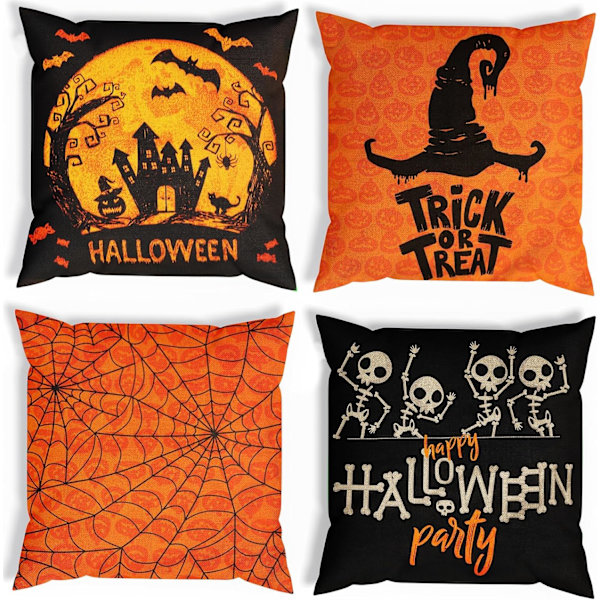 4-pack Halloween Dekorationskuddfodral - 18×18 Halloween Kuddfodral för Soffa inomhus och utomhus, Sovrum, Vintage Dekoration