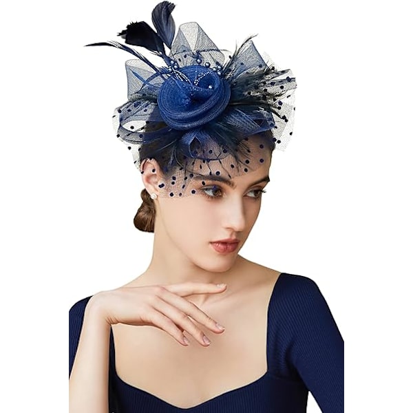 Nätfjäder Fascinator Blomma Hårclips Fascinator Hatt Brud Huvudbonad Bröllop Kyrka Te Party Derby Hattar Race Hattar Dark Blue