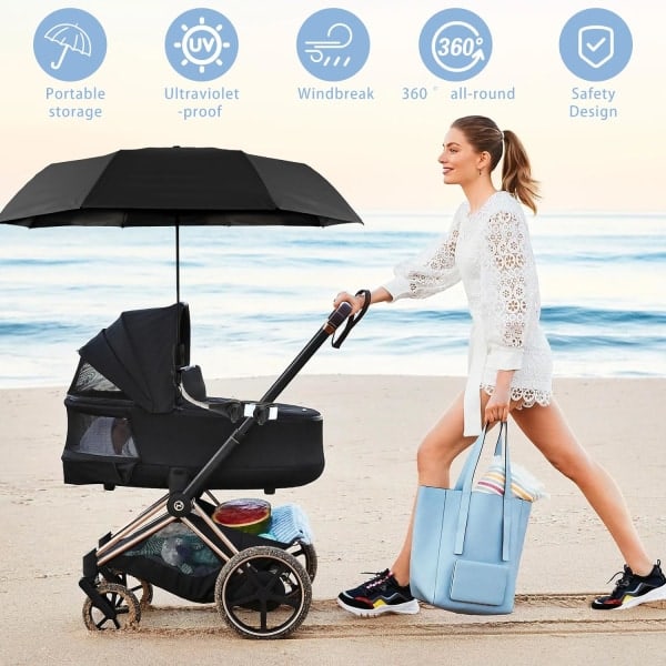 Universal barnevogn paraply 360° justerbar barnevogn paraply UPF 50+ solbeskyttelse barnevogn paraply med justerbar klips