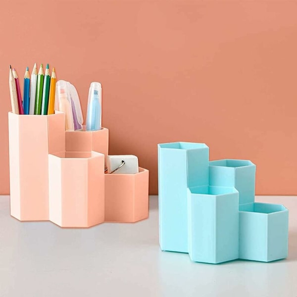 Plastpenneholder, hexagonal penneholder, penneholder, organizer, multifunktionel penneholder, penneholder til kontorartikler blue