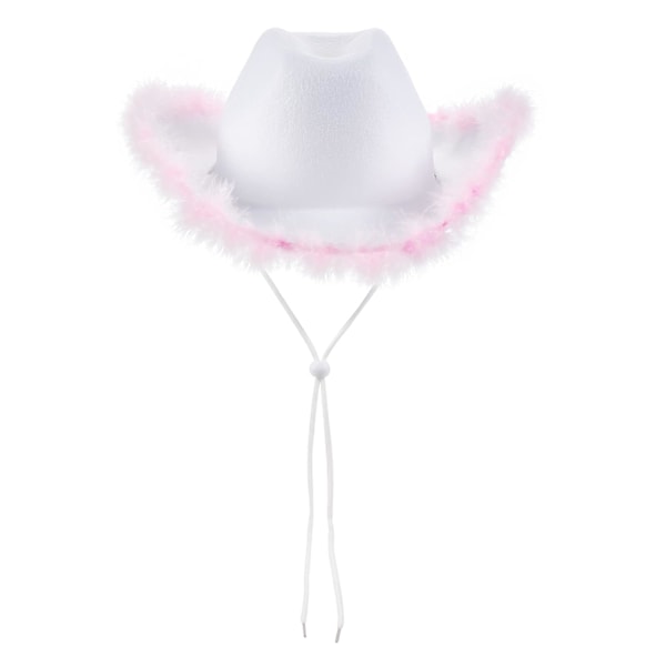 Cowboyhatte til Kvinder Plysset Fjederkant Cowgirl Hat til Polterabend, Kostumefest, Leg Klæd Dig Ud White + Pink