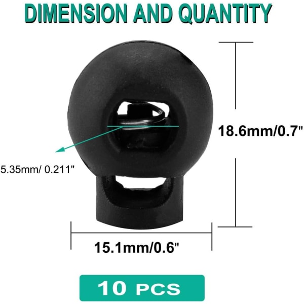 10 stk Fjærbelastede Runde Plast Toggle Stopper Snordråper, Svart, 1,8 x 1,5 x 1,5 cm