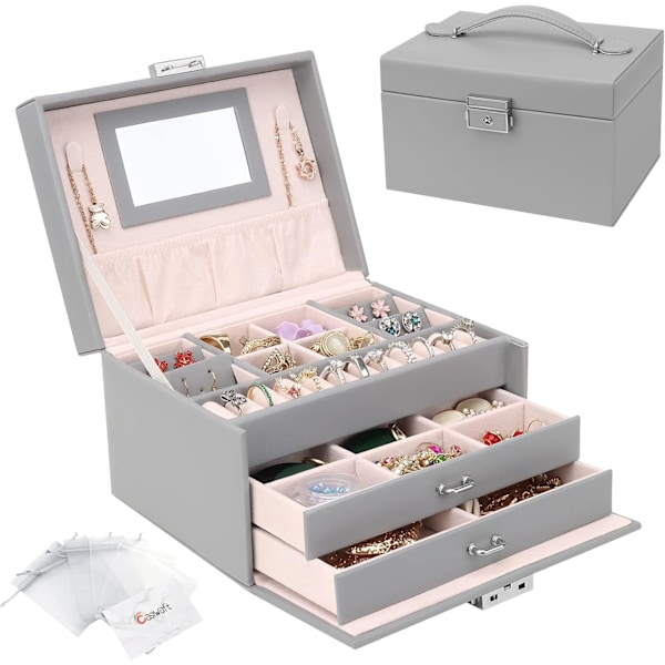 Smyckeskrin Organiser, 3 Lager PU Läder Smyckesförvaringsväska med Spegel och Lås, Låsbar Smyckesorganiserare med 2 Lådor för Ringar Grey