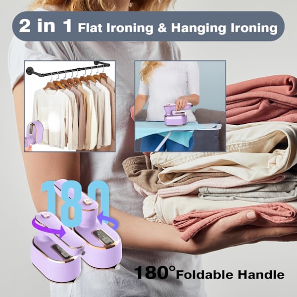 1 stk Rejse Strygejern, 1000W Foldbar Håndholdt Mini Dampstrygejern, 180° Drejeligt Håndtag Strygejern Purple