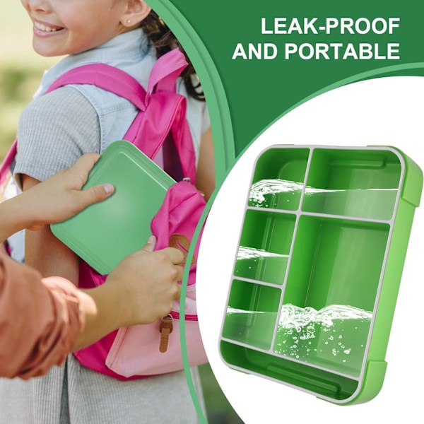 Bento Lunch Box Barn, Bento Lunch Box Vuxna med 5 Fack och 2 Salladsdressingbehållare Green