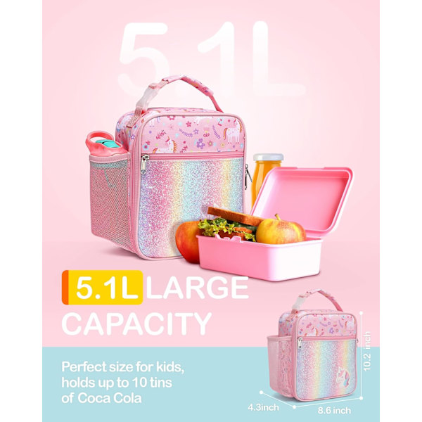 Madpakke til Piger, Isoleret Madpakke til Børn, Bærbar Madkøletaske til Skole, med Flaskeholder, Vandafvisende Foring, Pink Enhjørning Glitter Unicorn