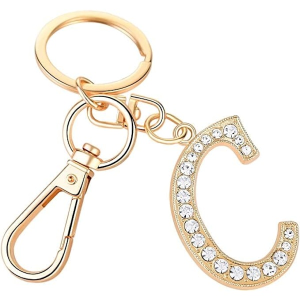 Dam Guldpläterad Legering Bilnyckelring med Kristall Rhinestone Alfabetisk Initial Brev Nyckelring C