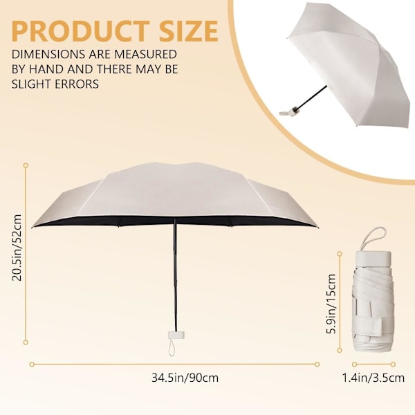 Rejse Paraply, 6 Ribber Mini Paraply Lille UV Paraply, Foldbar Solparaply Vindtæt Regnparaply med Kapselkasse, Foldbar Bærbar Lommeparaply White