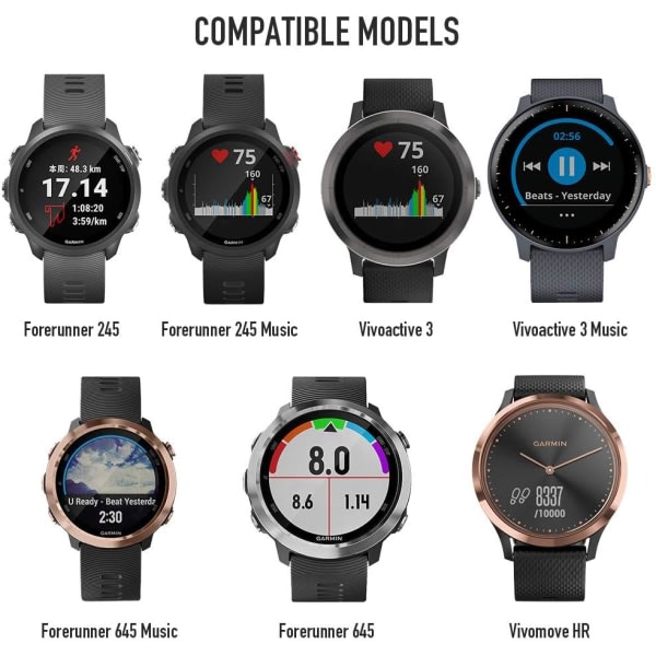 Rem for Garmin Vivomove HR / Vivoactive 3 / Vivoactive 3 Music / Forerunner 245/645 Music, 20mm Premium Silikon QuickFit-reimer, Flere farger (F