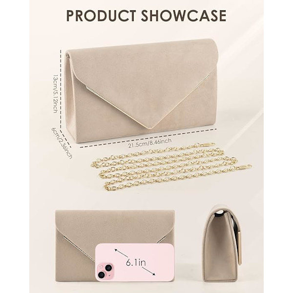 Kvinners Faux Suede Kveldsclutchvesker, Prom Håndveske Formelle Festclutch Bryllupsvesker Cocktail Promenade Skulder med Avtakbar Stropp