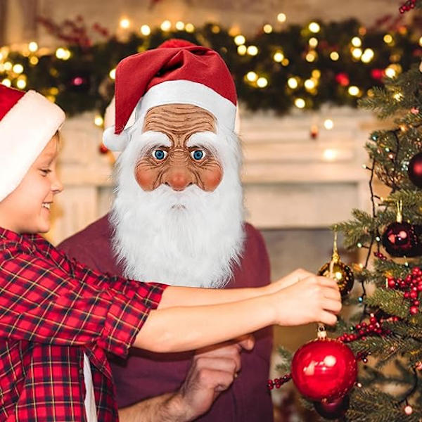 Jultomte Latexmask med skägg och hatt | Realistisk Latex Jultomte Helmask | Nyhet Rolig Simulering Jultomte för Rollspel A