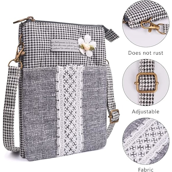 Liten Crossbodyväska för Kvinnor Canvas Mobiltelefonväska Damernas Nationella Mönster Handväskor Flickor Mini Axelväska Plånbok Myntpåse Black Grey