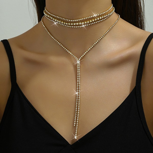 Rhinestone Halskjeder Sølv Lagdelt Halskjede Krystall Halskjede Kjeder Bryllupstilbehør for Kvinner C