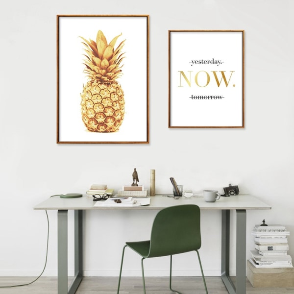 Gyllene ananas och textväggkonst Print affisch, enkel modekonstteckningsdekor för hem, vardagsrum, sovrum