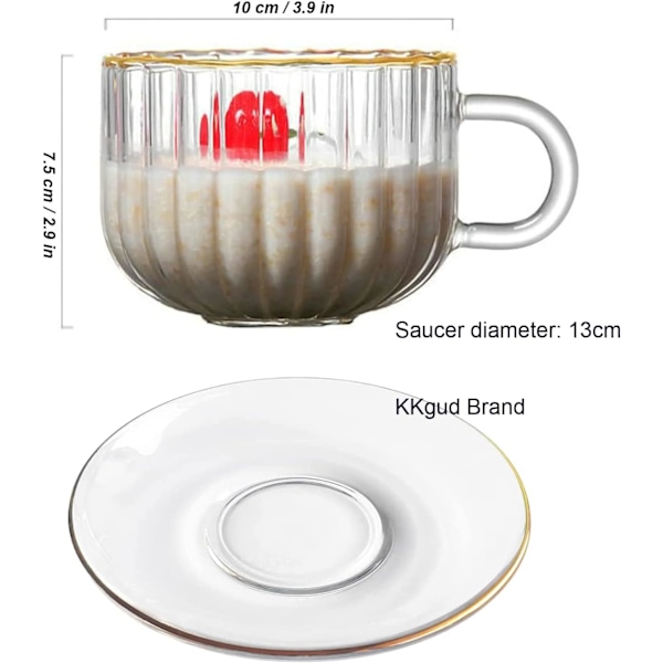 Glasskrus i form av et gresskar med underkopp og skje, 14,5 oz glass tekopp med gullkant