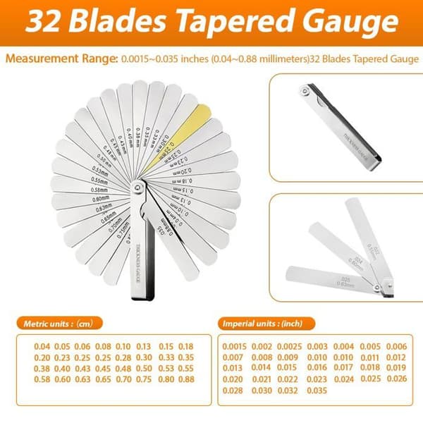Tykkelsesmåler - 32 blade - Rustfrit stål - Dobbelt metrisk og imperial markering - Til motorer
