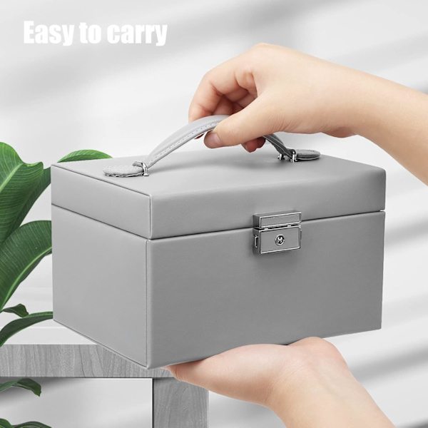 Smyckeskrin Organiser, 3 Lager PU Läder Smyckesförvaringsväska med Spegel och Lås, Låsbar Smyckesorganiserare med 2 Lådor för Ringar Grey