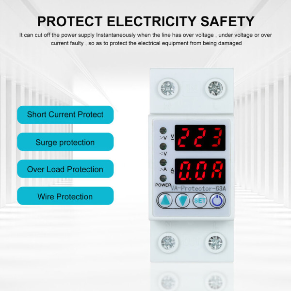 63A 220V DIN-skena Justerbar Över- och Underspänningsskydd Reläskydd Överströmsskydd Hemanvändning Dubbel LED-display
