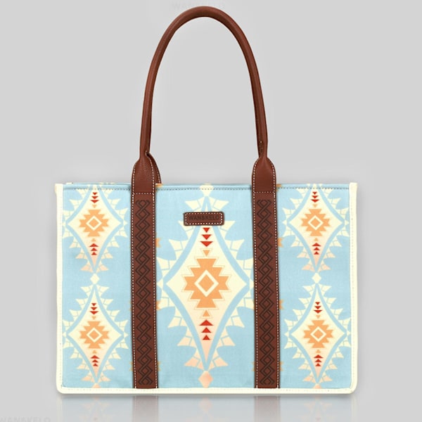 Wrangler Tote Bag Western Väskor för Kvinnor Axelremsväska Boho Aztec Handväskor NY Blue L