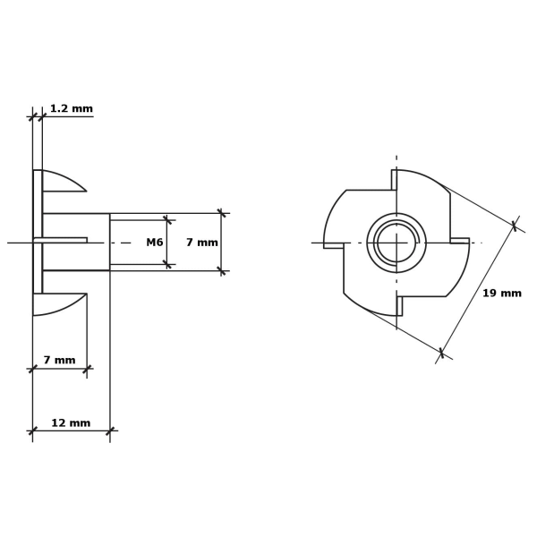 T-mutter med klør, 4-punkts mutter, kloforbindelse M6 x 12 mm, 50 stk