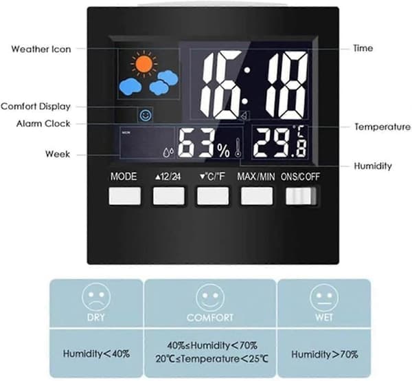 Söt Liten Digital Väckarklocka Väder Sängklockor Tid Temperatur Luftfuktighet 12/24H för Hem Sovrum Kontor