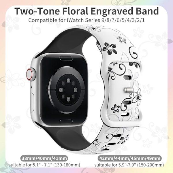 Kukallinen kaiverretut rannekkeet yhteensopivat Apple Watch -rannekkeiden kanssa naisille, söpöt kukka iWatch -rannekkeet pehmeä silikoninen urheiluranneke iWatch -sarjalle White/Black 42/44/45/49mm