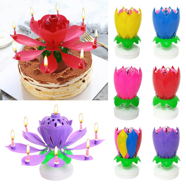 Lotuslys Solid Parafin Farget Blomsterform Flat Bunn Roterende Elektronisk Lys Bursdagskake Pink
