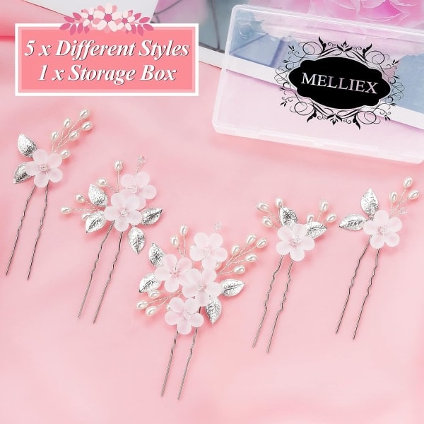 5-pack Bröllops Hårklämmor Blomma Merle Bröllops Hårtillbehör Silver Bröllops Hårtillbehör Hår U-Form Bröllop