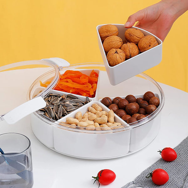 Serveringsbricka för nötter och godis, runda plastfat, matförvaringsbehållare, aptitretarebricka med 5 individuella skålar för nötter, torkad frukt, snacks, godis