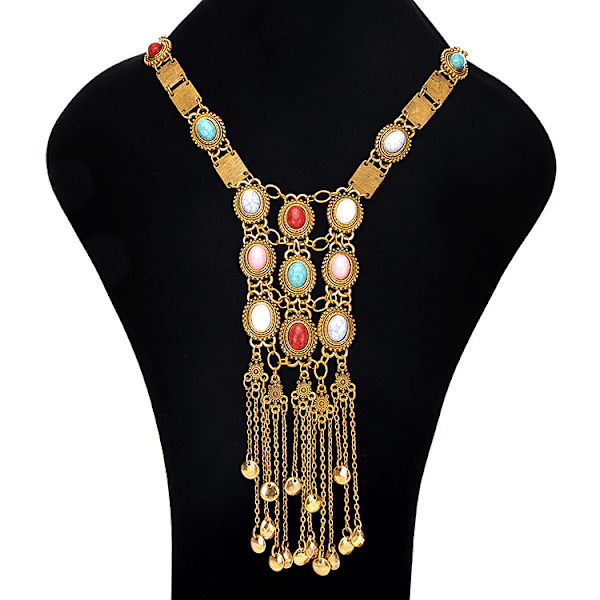 Elegant Bohemian Rose Retro Rhinestone Turkis Sølv Gull Langt Etnisk Kjede Halskjede For Kvinner B