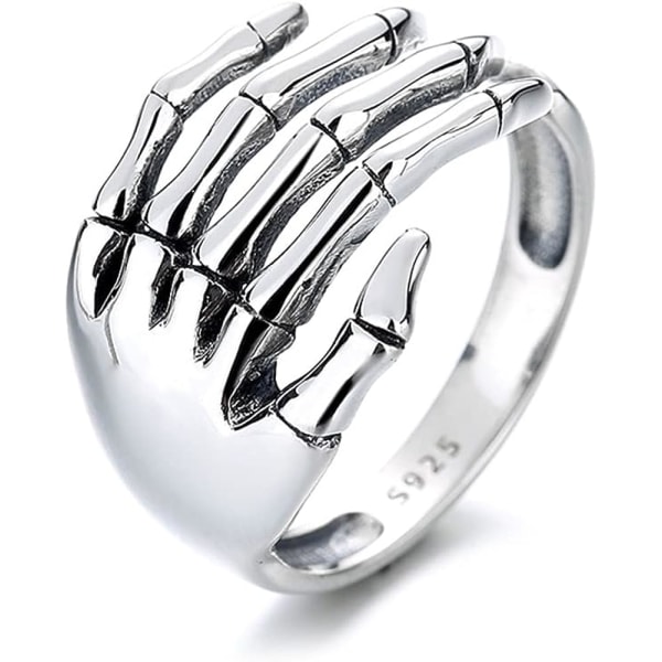 Vintage Skull Hand S925 Sterling Silver Open Band Ring för Kvinnor Flickor Män Statement Justerbar Expanderbar Skelett Devil's Talons Små svansfinger