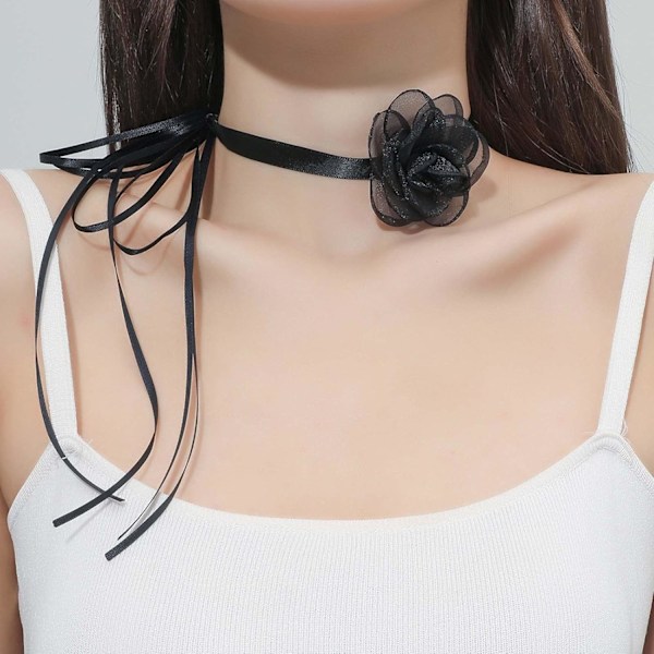 Bohemsk fløyel choker langt bånd sateng blomst krage halskjede sexy svart kamelia choker kostyme smykker tilbehør for kvinner og jenter 1