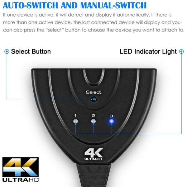 HDMI-jakokaapeli, tukee 1080P 3D 4K UHD:ta, 3 HDMI-tuloliitäntää ja 1 lähtöliitäntää, ilmaiset laitekytkimet