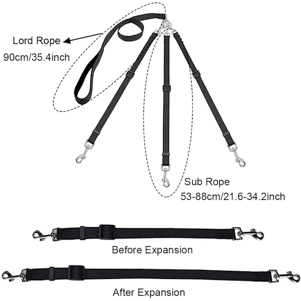 3-i-1 Hundeleie, med Justerbar Avtakbar Kobling, Slitesterk Sterk Nylon Lang Line Hundeleie, for En, To, Tre Hunder Kjæledyr Gåtur Vandring